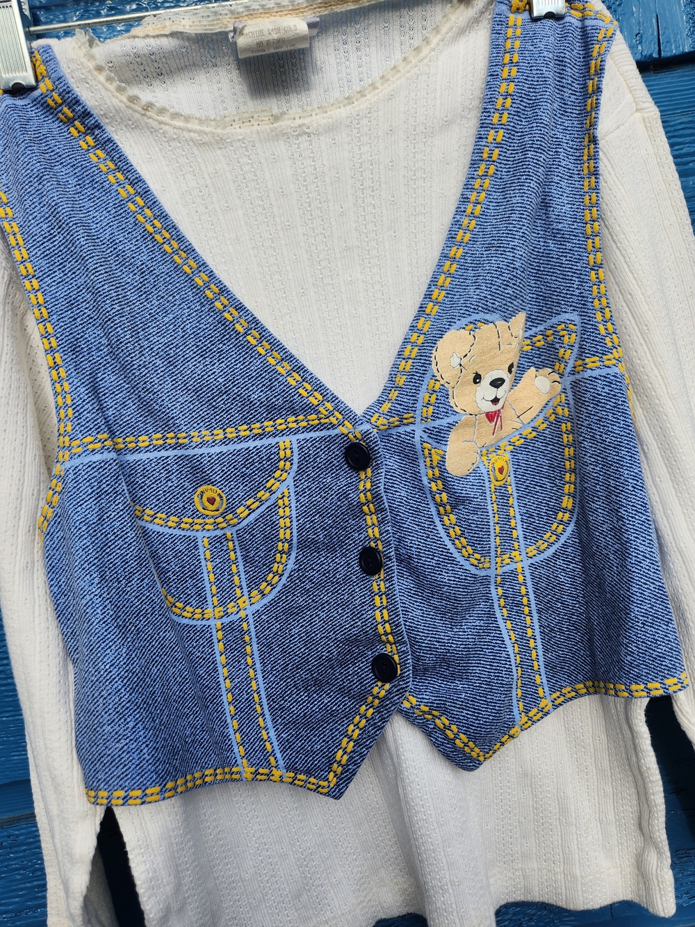 Kids RARE Cream Long-Sleeve Top with Blue Faux-Denim Vest and Bear Detail - Picture 2 of 12